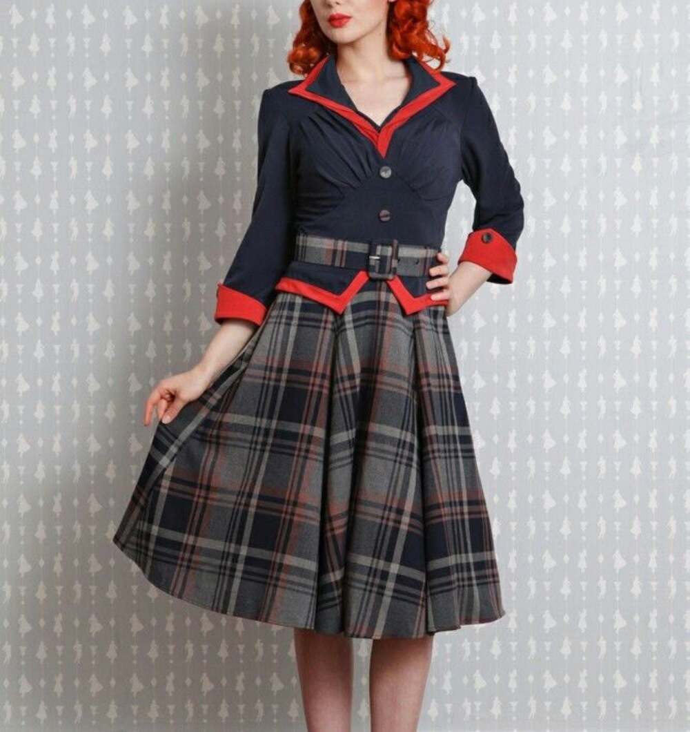 Miss Candyfloss vintage style navy orange plaid swing dress Size Large